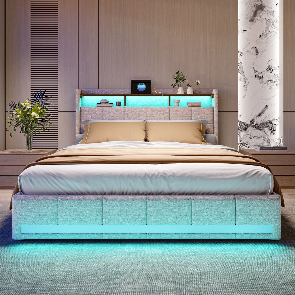 Letto imbottito 160x200 con LED e USB, letto matrimoniale Immagine del prodotto 