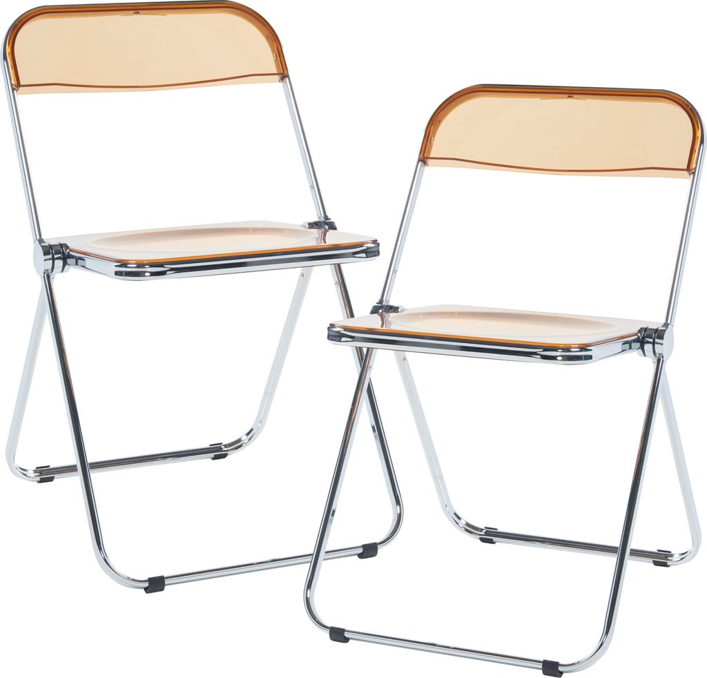 Two transparent orange folding chairs with silver metal frames are shown against a white background.