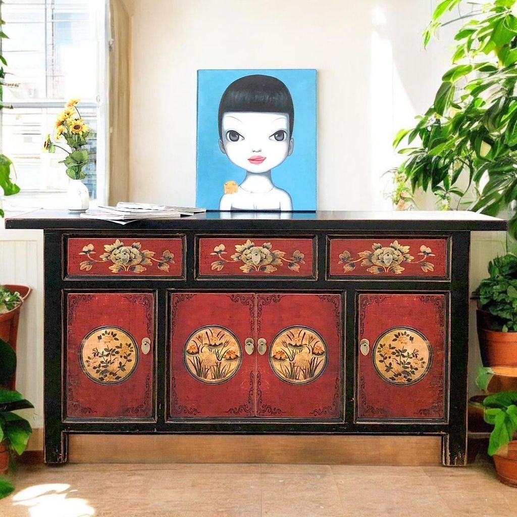 Sideboard Kommode Schrank Lowboard Möbel chinesisch asiatisch orientalisch rot-schwarz Büffet Anrichte Vintage Shabby Chic Landhaus Stil China Asia