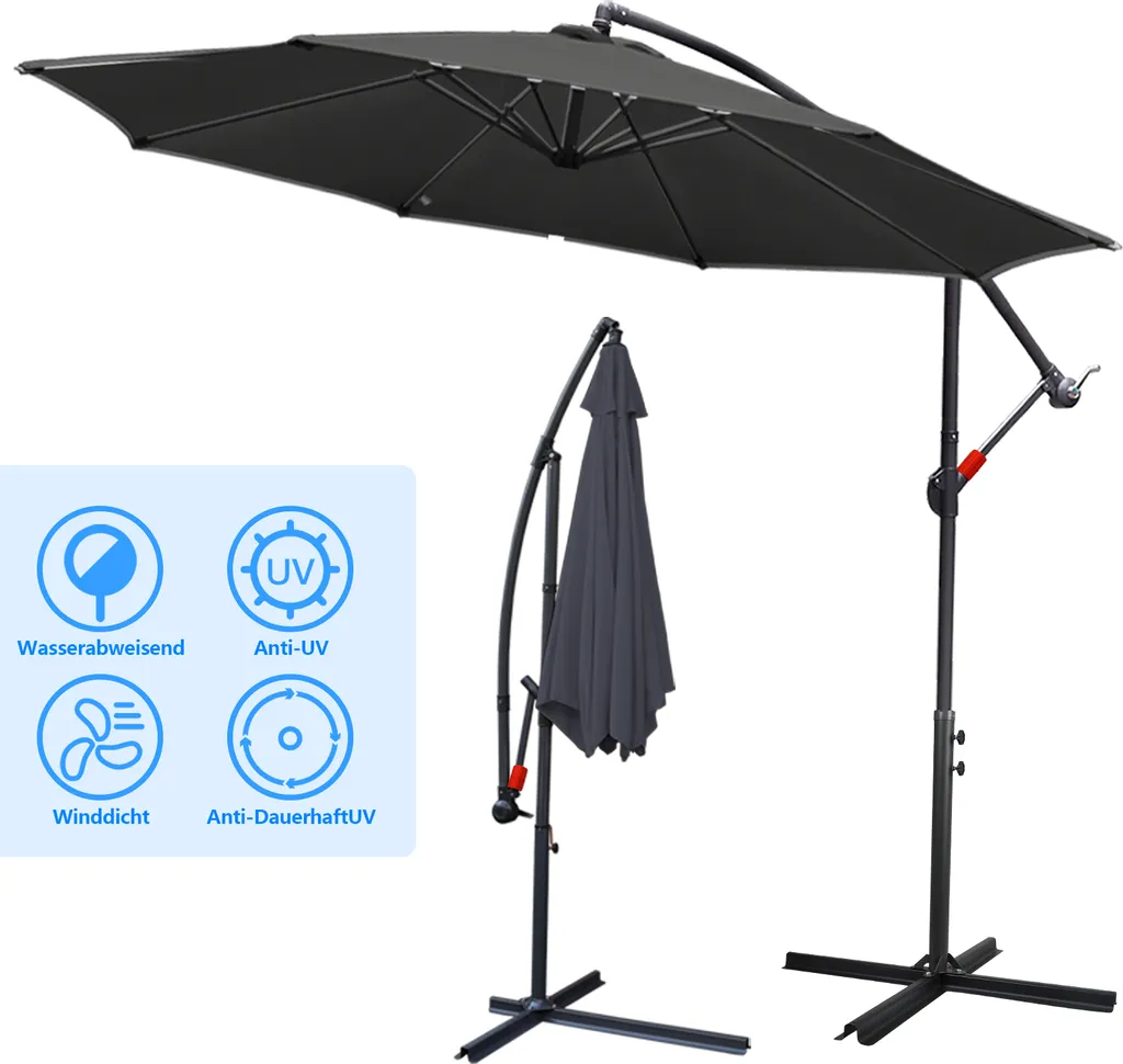 Yakimz ombrellone 300cm ombrellone da balcone ombrellone da giardino ombrellone da mercato, ombrellone grigio con palo girevole, protezione solare UV30+