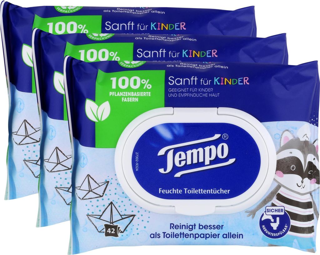 Tempo Feuchte Toilettentücher Sanft für Kinder 42 Tücher (3er Pack)
