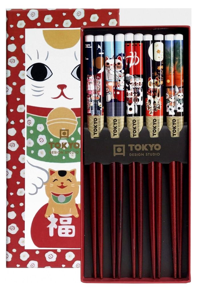 Holz-Essstäbchen, 5er Set, Lucky Cats, 22,5 cm lang, inkl. Geschenk-Box
