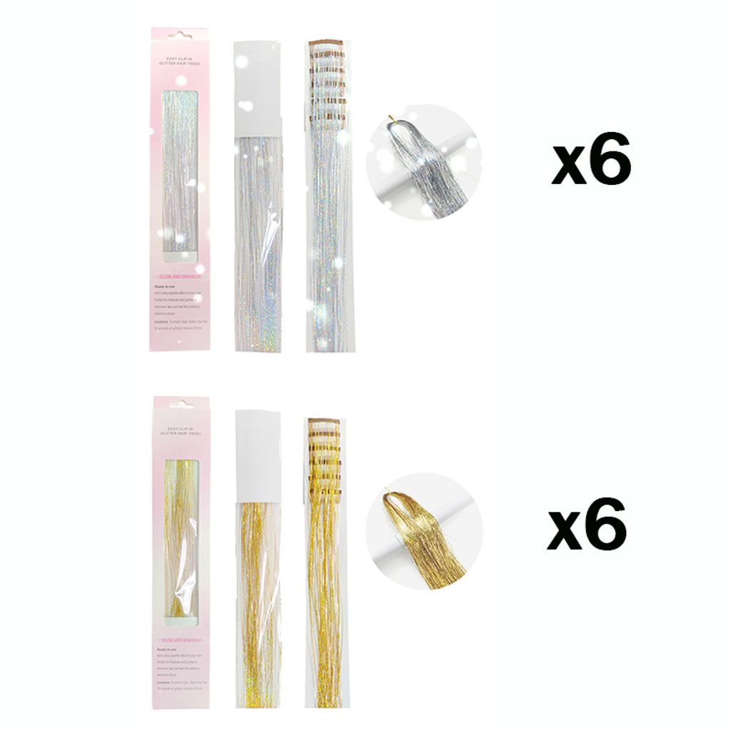 4er-Set Glitzer-Haarketten Mit Quasten – 50 Cm, Silber, Mit Clips, Für Partys & Festivals
