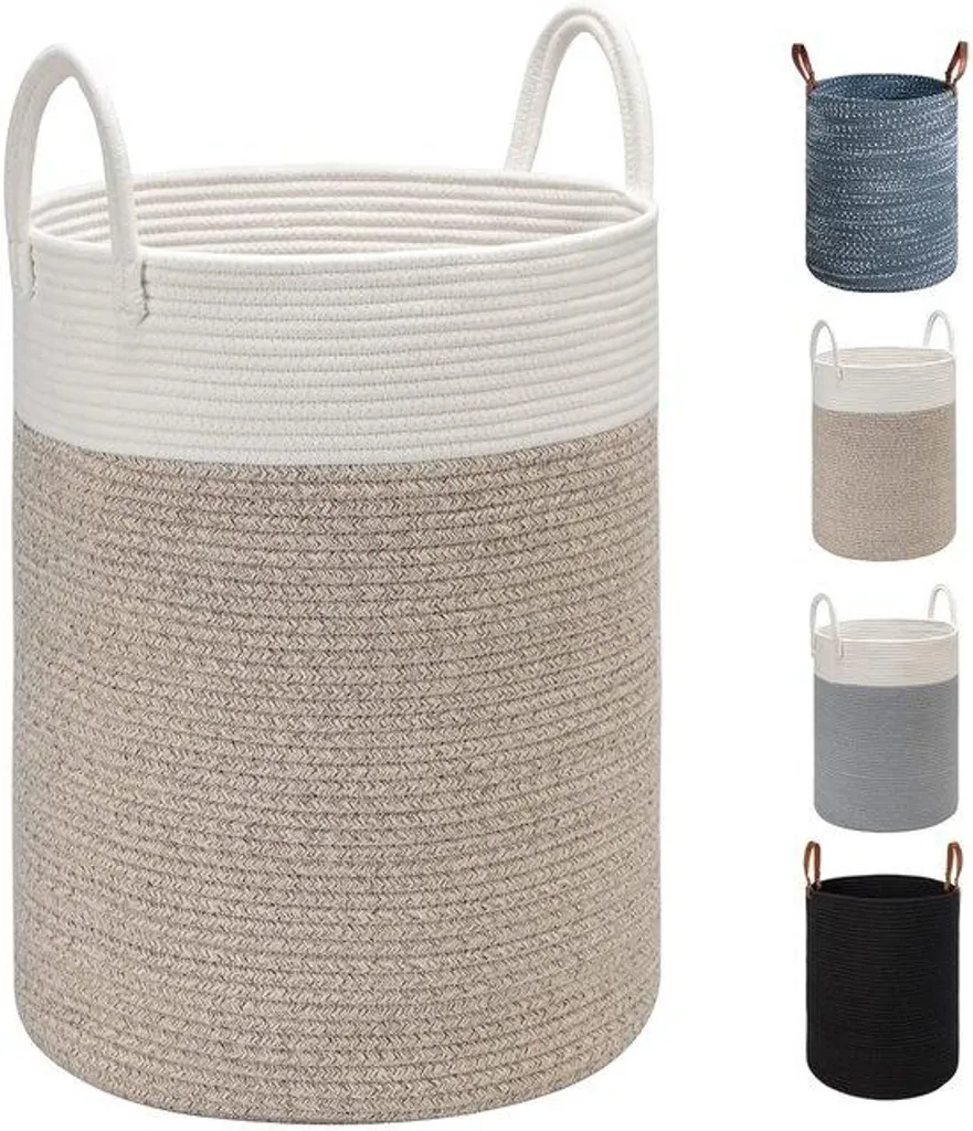 Grand Panier à Linge en Corde de Coton Blanc et Marron - 40 x 50 cm