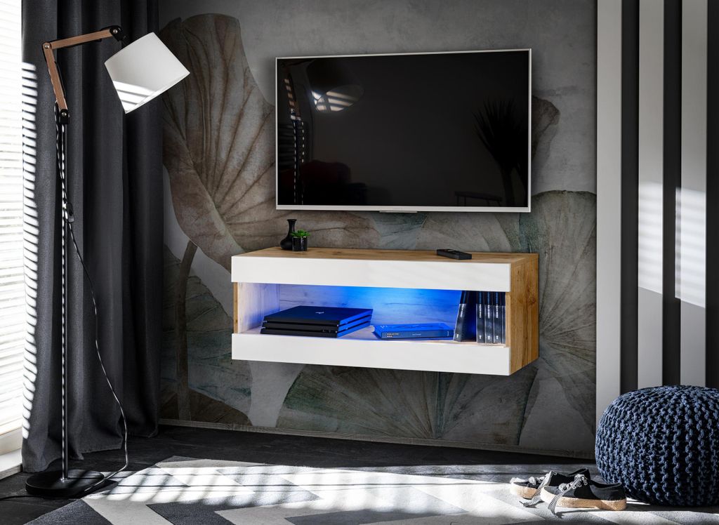 Komodee, Set, Möbel, Tivoli SET4, Wotan/Weiß, Breite 200cm x Höhe 41cm x Tiefe 35cm, LED Blau, für Wohnzimmer, Schlafzimmer