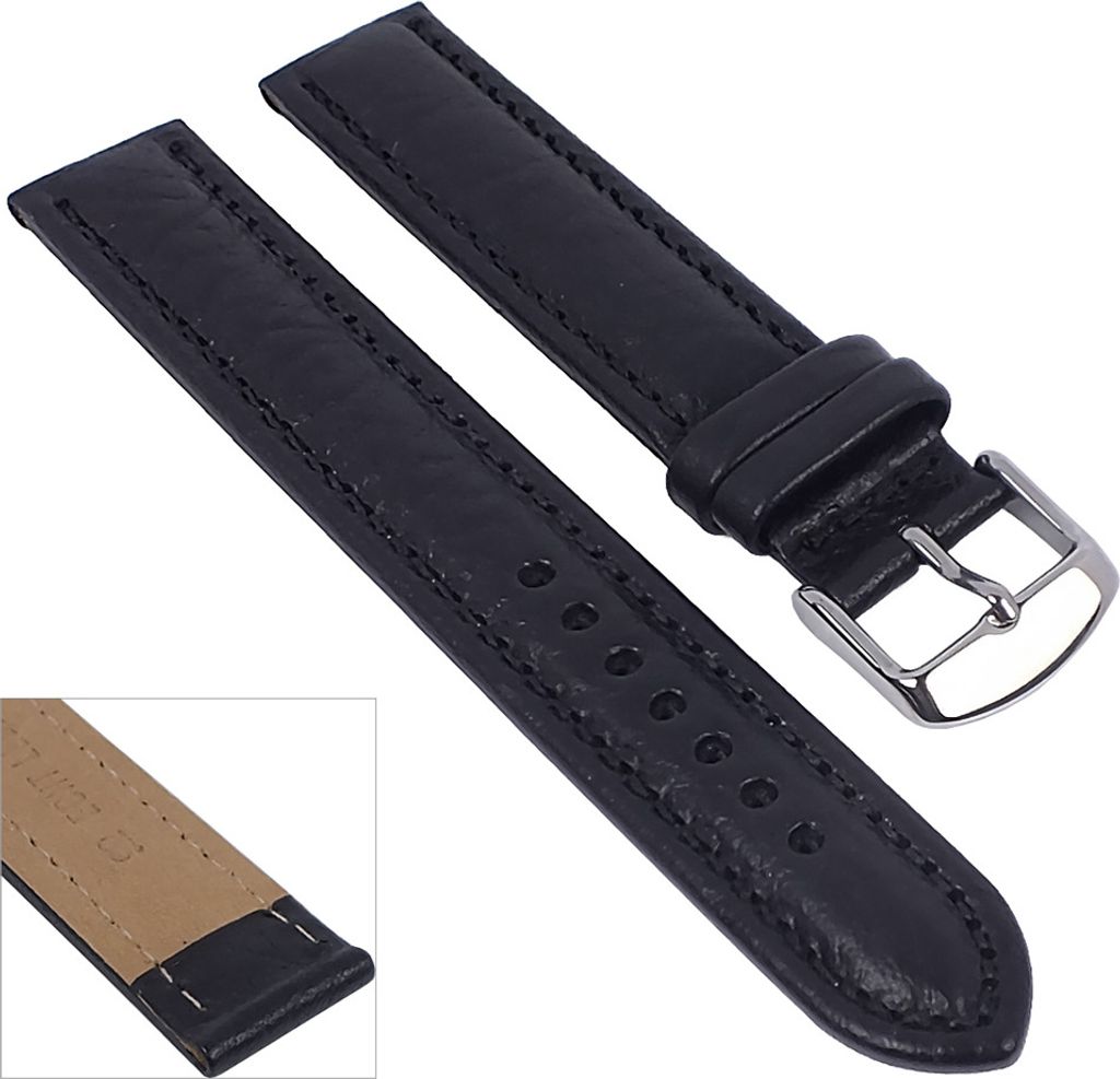 Minott Uhrenarmband XL Schrumpfleder schwarz mit Naht 29687, Stegbreite:20mm, Schließe:Silbern