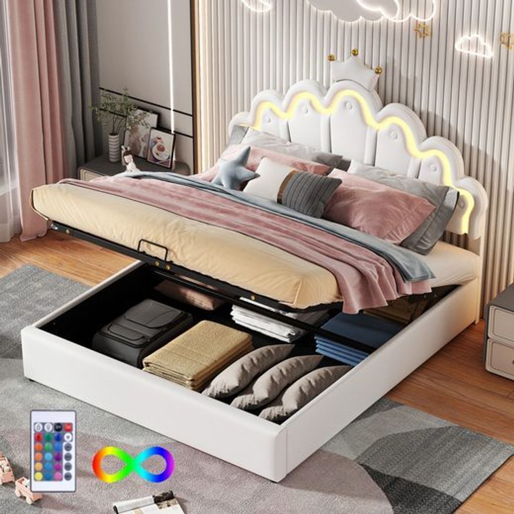 Odikalo Kinderbett Polsterbett Flachbett Stauraumbett LED-Licht Kronen 140x200 Weiß