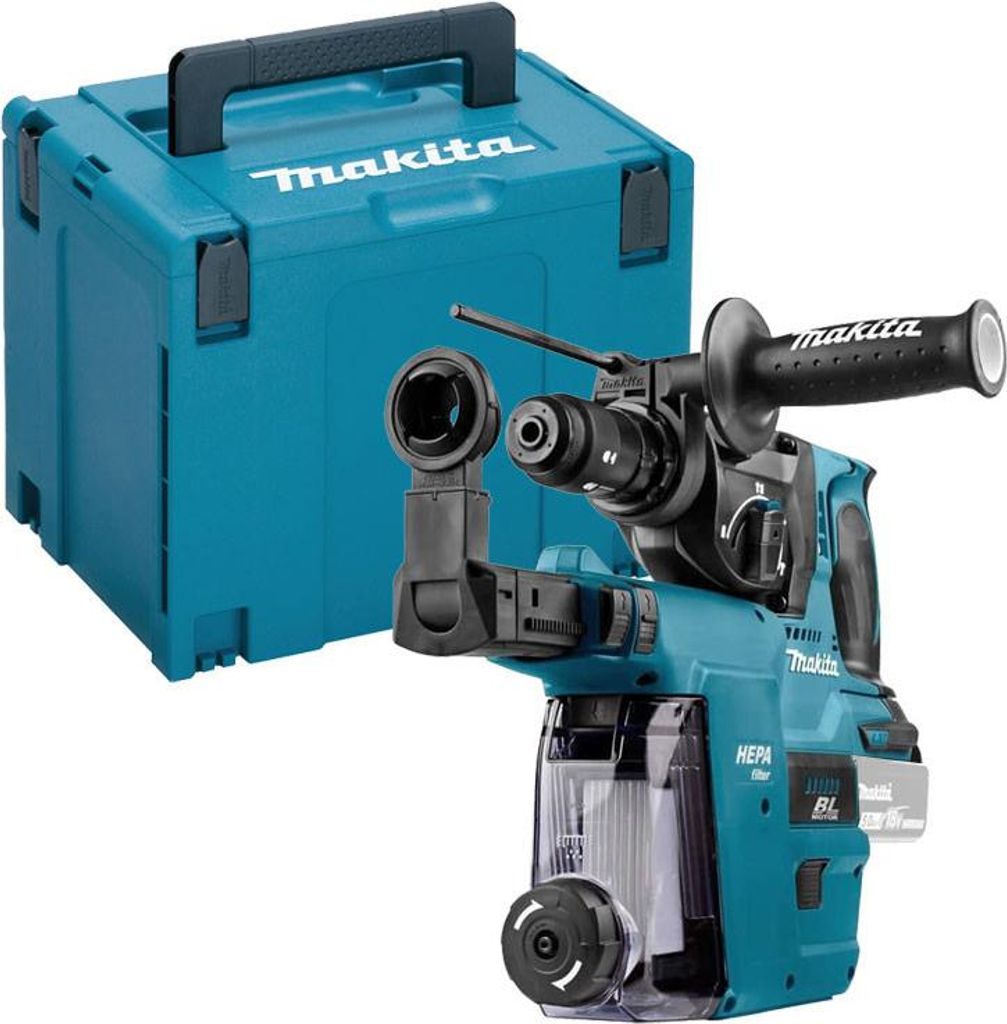 A teal Makita rotary hammer drill with a dust collection system and its matching teal storage case are displayed against a white background.
