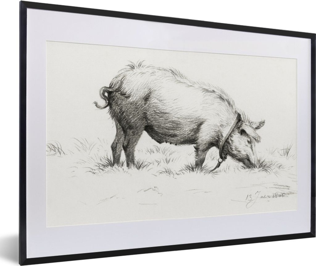 MuchoWow MuchoWow Gerahmtes Poster Stehendes Schwein im Gras - Gemälde von Jean Bernard 60x40 cm - Poster mit zchwarzem Bilderrahmen - Schlafz...