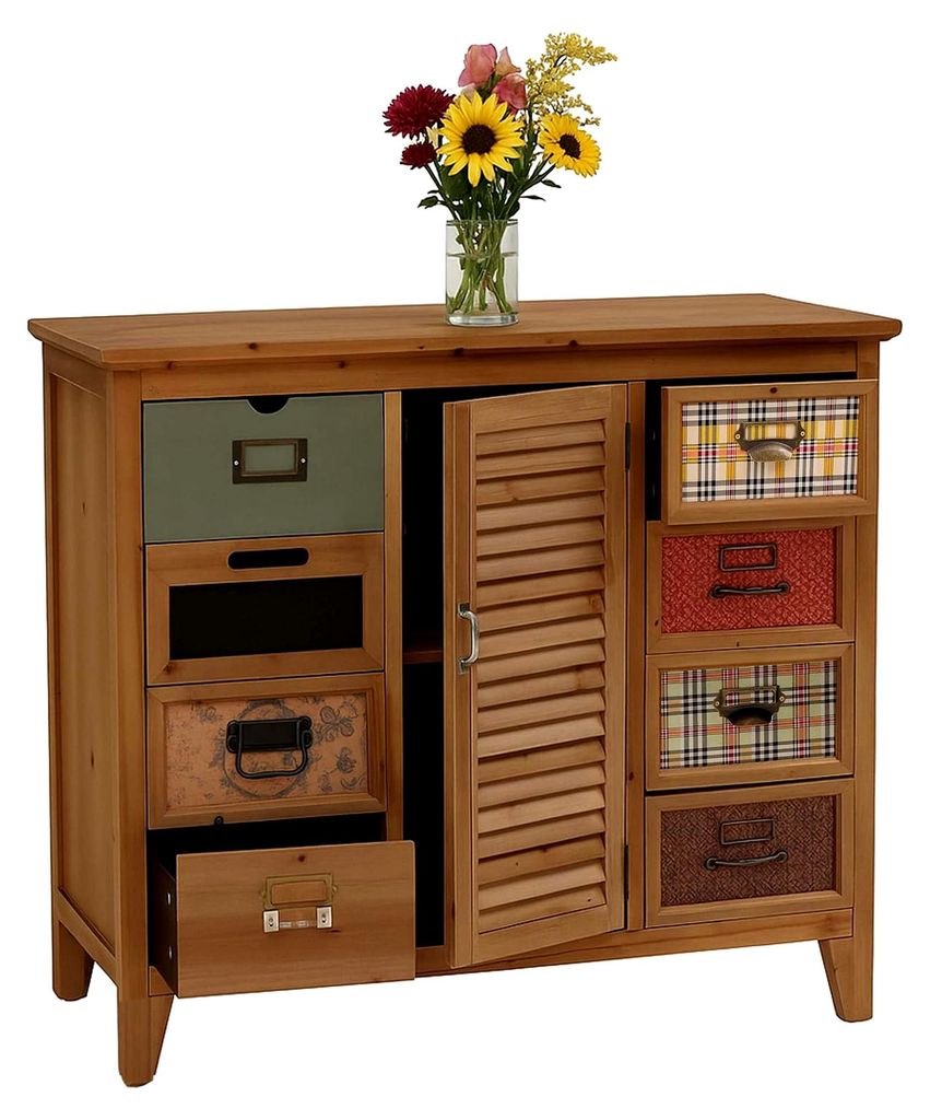 Apothekerkommode, Schrank mit Schubladen und Etikettenhaltern im Vintage Shabby Stil, Fensterladen-Design, 80x91x40cm - Korpus Natur