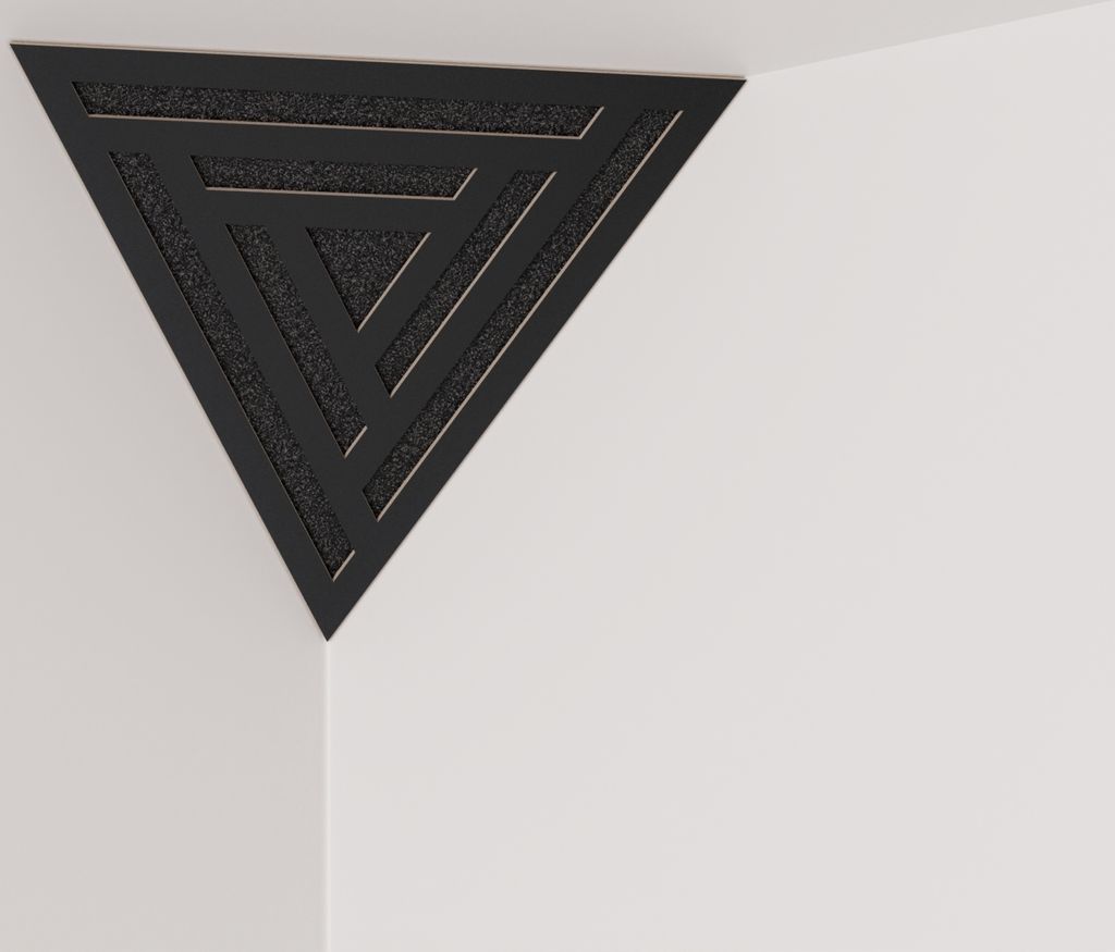 2-Stück Decken-Eck-Bassfalle «Triangle-SCIFI» Akustikschaumstoff mit perforierter laminierter HDF-Platte | 42x42x42cm | Dreieckige Pyramiden-Bas...