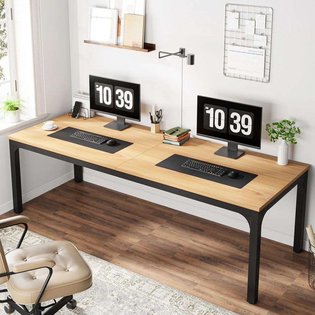 Schreibtisch für 2 Personen - Doppel Computer Tisch 200 cm - Extra langer Arbeitsplatz - Rechteckig aus Birke - Home Office Arbeitstisch - Natur
