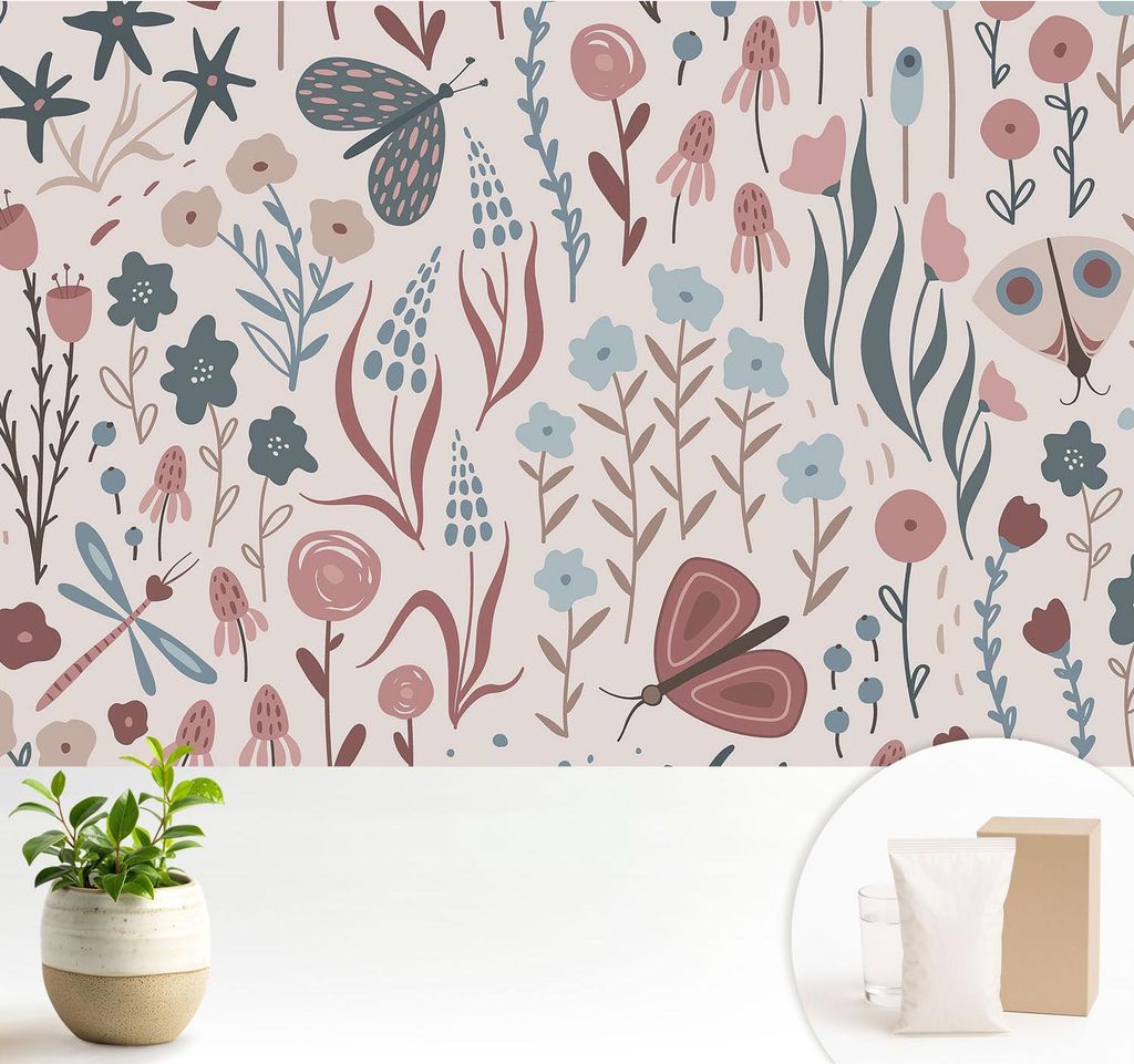 Fototapete - 104x70 cm - Tapete - Wandtapete - Wandbilder - Dekofolie - Tapete Folie - Wand - Dekoration - Wohnzimmer - Blumen Insekten