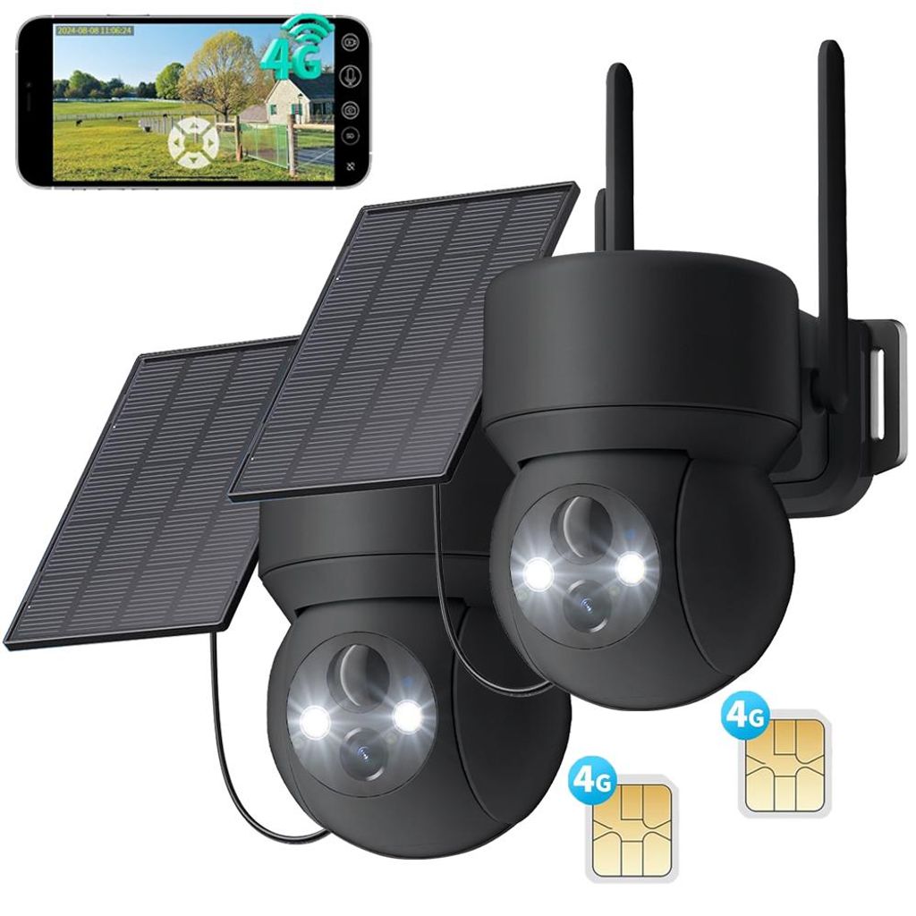 2 Stück 4G LTE Überwachungskamera Aussen Solar mit SIM Karte 2K HD PTZ Kabellos Kamera Ohne WLAN Outdoor Akku Farb Nachtsicht PIR Erkennung