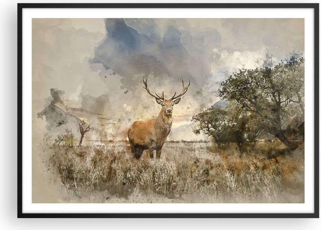 Gerahmtes Poster - Schwarzer Rahmen - rotwild natur - 100x70 cm - Wand Bild - Wanddeko - Wandbilder - Kunstposter - Wandposter - Bilderrahmen - Bil...