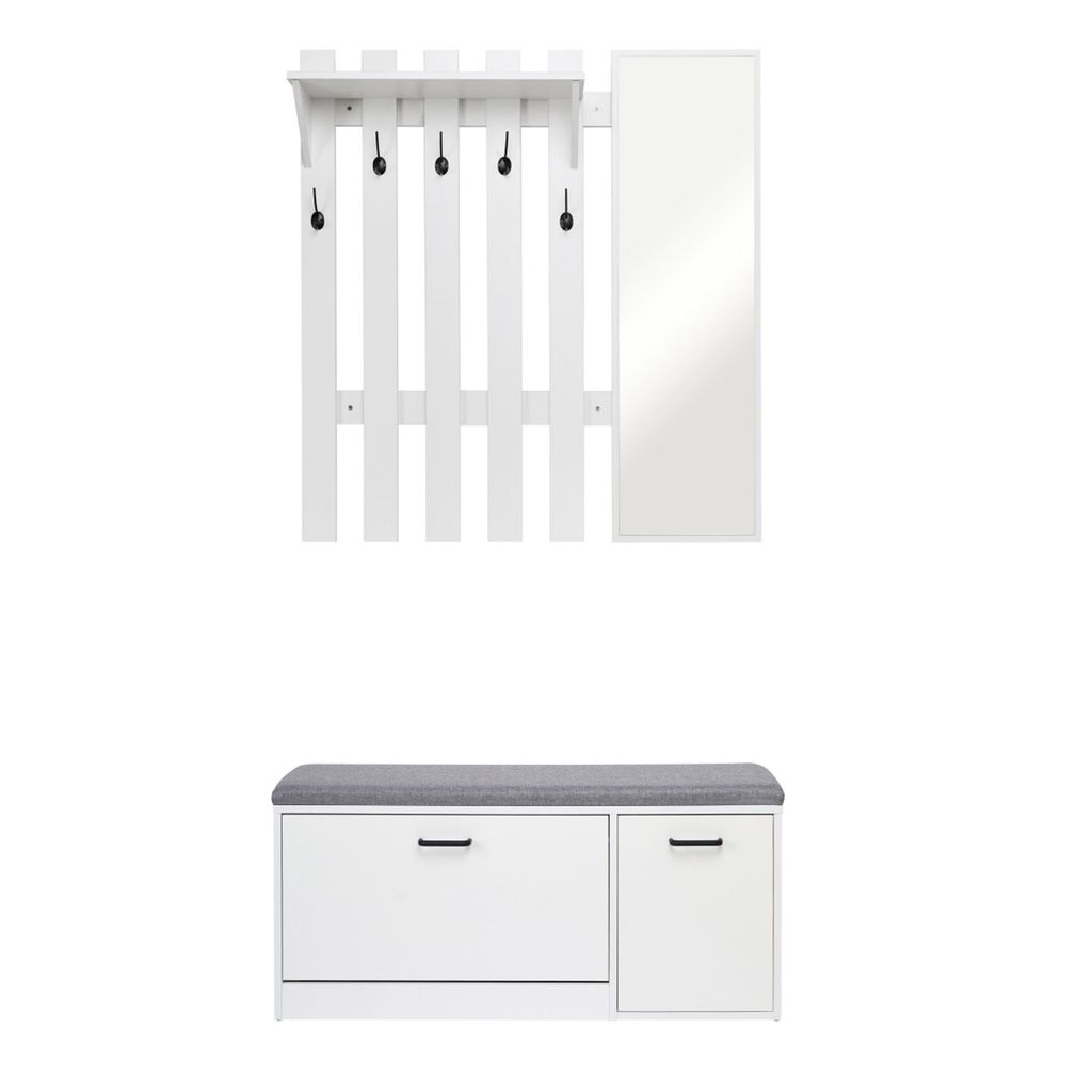 A white coat rack with a mirror and a white shoe cabinet with a gray cushion are shown against a white background.