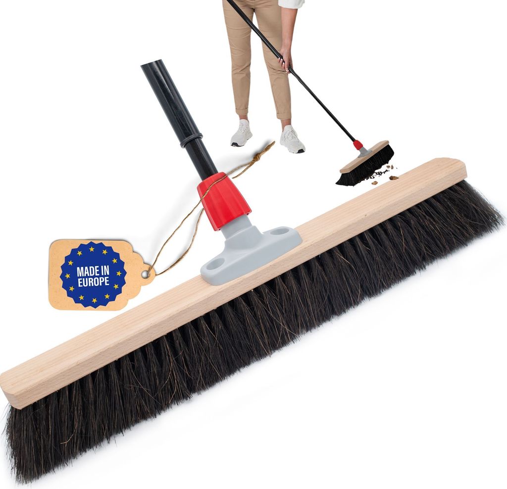 Novaliv Saalbesen Naturhaar 50 cm I Besen mit Stiel ausziehbar I Rosshaar schwarz I Weich I fein I Großraumbesen Kehrbesen Zimmerbesen Hofbesen