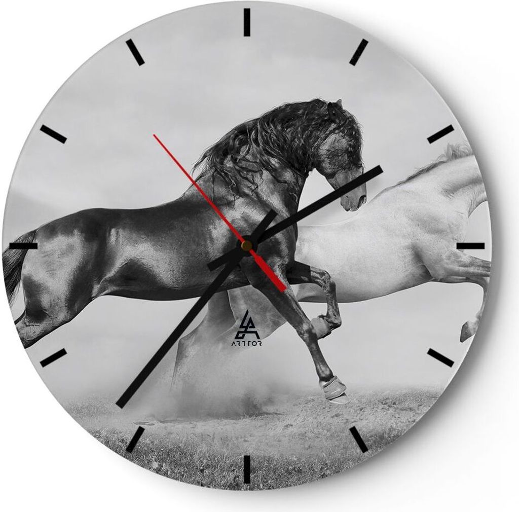 Wanduhr - Rund - Glasuhr - Pferde Tiere Galopp Wiese - Produktbild 