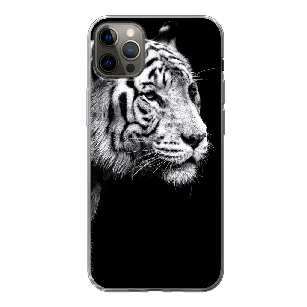 MuchoWow Handyhülle Schutzhülle Hülle für iPhone 13 Pro Max Studioaufnahme eines weißen Tigers auf schwarzem Hintergrund Silikon Softcase Ha...