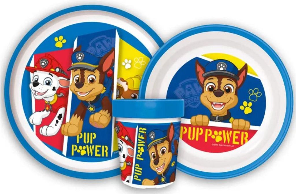 Paw Patrol Chase Rubble Kinder Geschirr-Set 3 teilig Becher Teller Schüssel