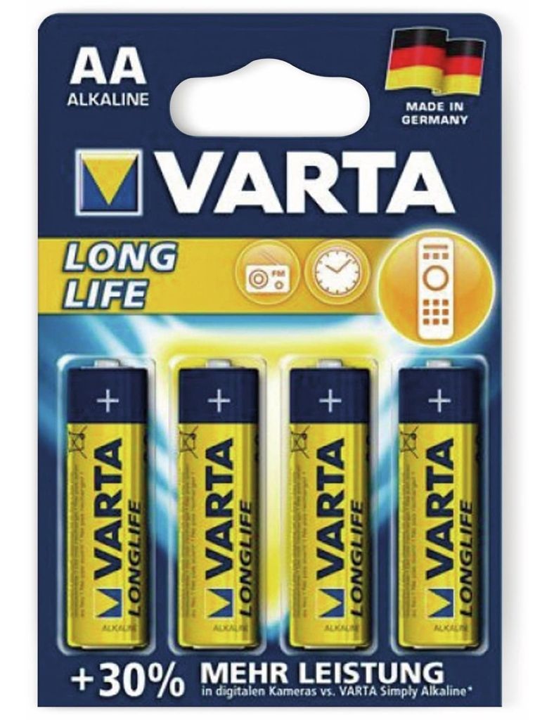 A blister pack of four Varta AA alkaline batteries.