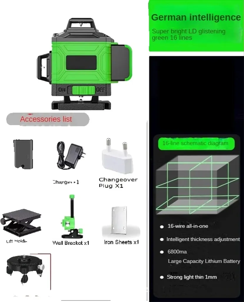 Niveleur laser 16 lignes vertes super claires 4D avec support mural pro
