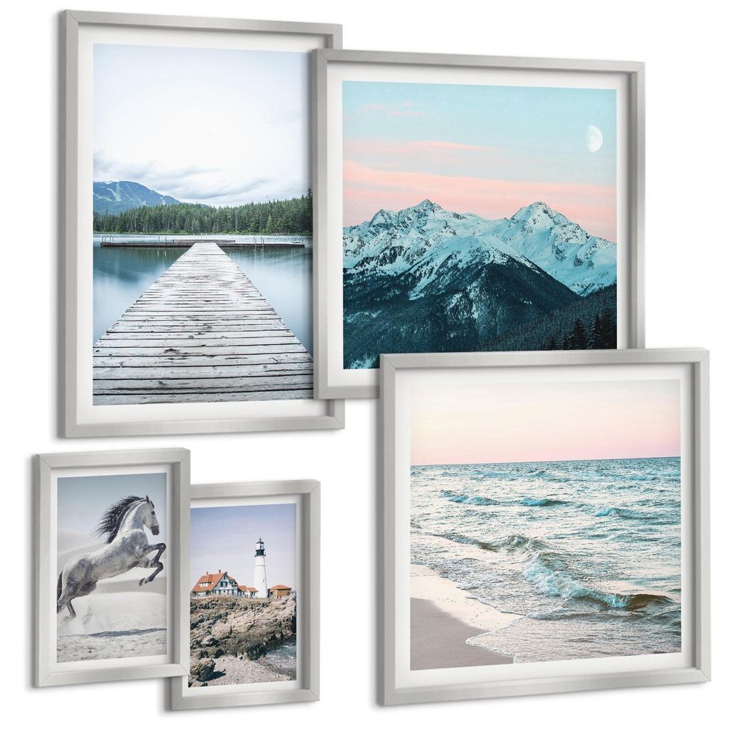 Bilder Set 5-teilig im silbergerahmten Rahmen – Wandbilder 5 Stück – gerahmte Poster für Wohnzimmer, Schlafzimmer und Flur – 50x50 cm - 40x...