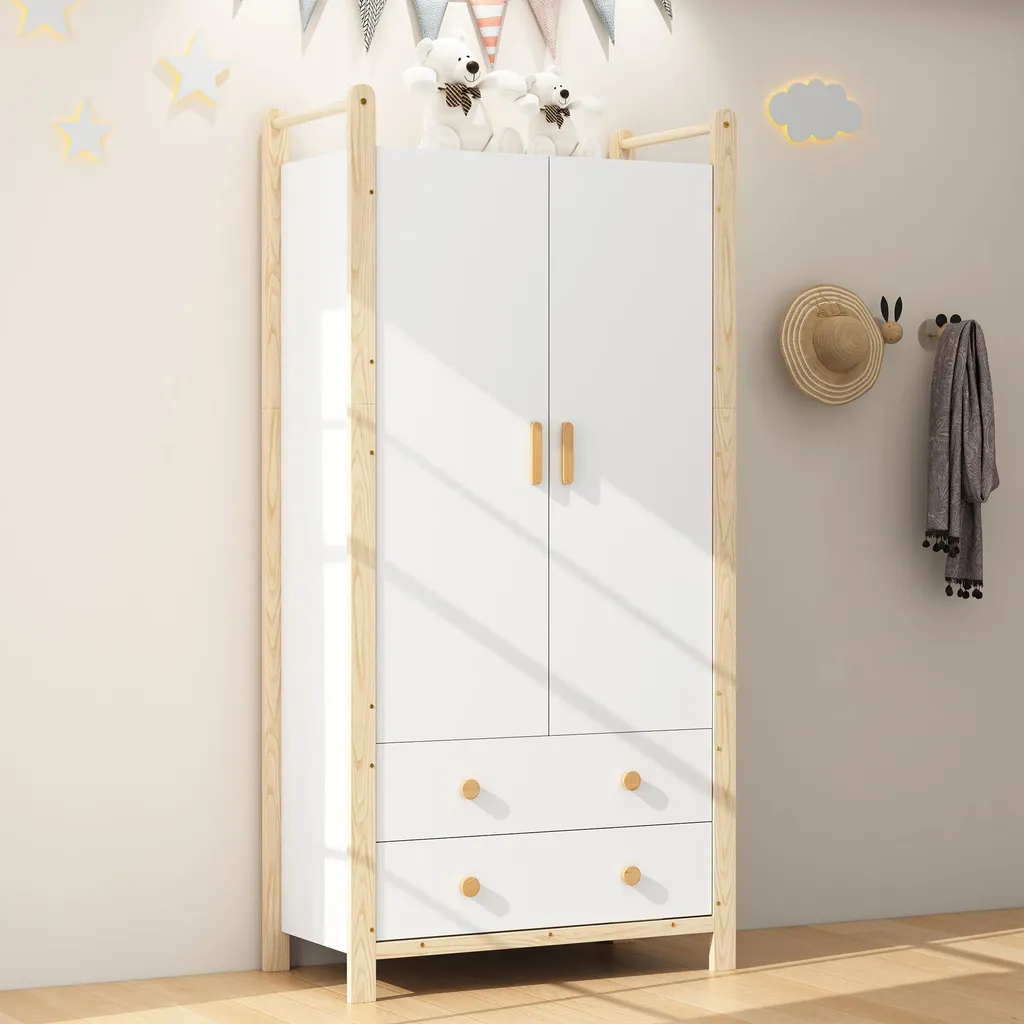 Merax Armoire Enfant 2 Portes et 2 Tiroirs Blanc et Naturel 90x45x180cm