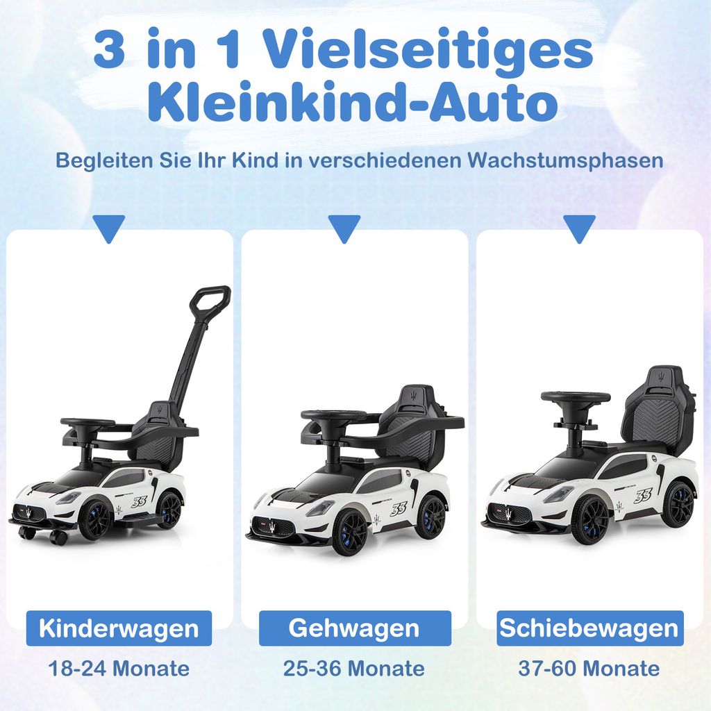 COSTWAY Voiture à Pousser 3-en-1 Maserati Enfant – Licence Officielle, Musique & Klaxon, Poignée Amovible, Garde-Corps, Charge 25 Kg, 18-60 Mois