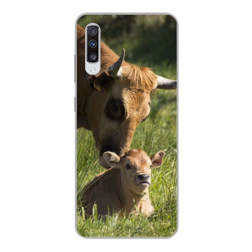 MuchoWow Handyhülle Schutzhülle Hülle für Samsung Galaxy A70 Kuh - Gras - Horn - Kalb Silikon Softcase Handy Hülle - Schutzhaube