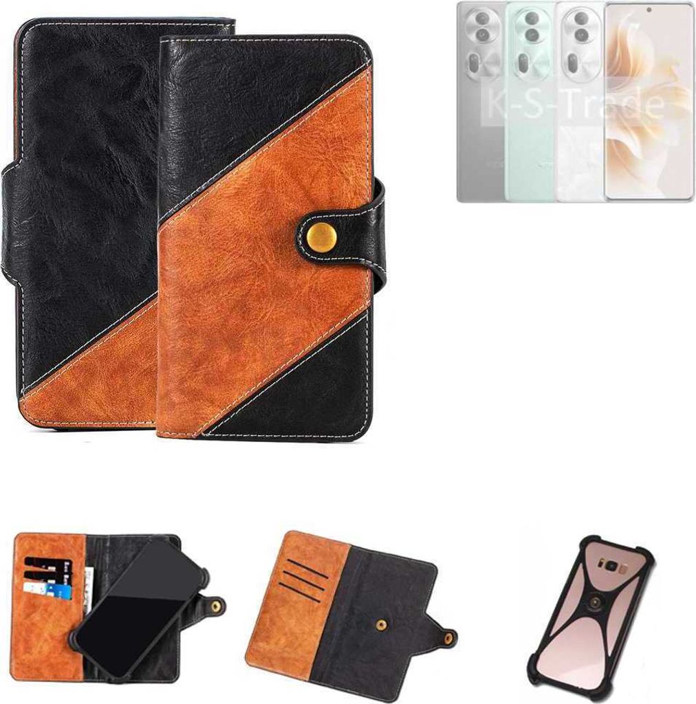 K-S-Trade Handyhülle Schutzhülle Bookstyle Case Wallet-Case kompatibel mit Oppo Reno11 Global Handy Cover Bumper Klapphülle schwarz hellbraun 1x