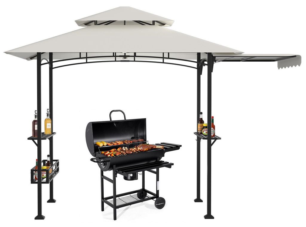 Peviasot Grillpavillon wetterfest, Grillüberdachungen mit Seitenmarkise, Doppeldach, Seitenregalen, Haken & Flaschenöffner 238 x 148 x 250 cm,Beige