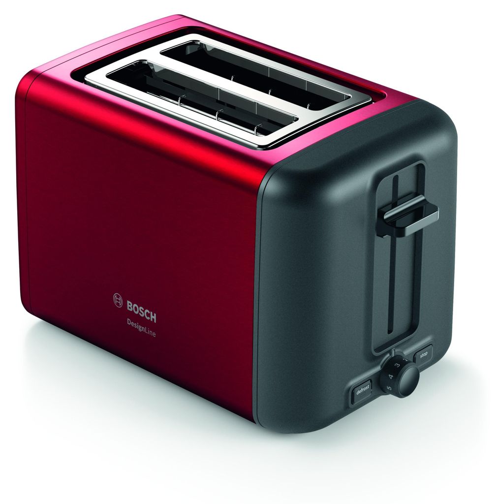 A studio shot of a red and black Bosch toaster on a white background.