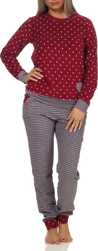 Damen Frottee Pyjama mit Bündchen im Herz Tupfen- und Ringeldesign - auch in Übergrössen ; Tupfen rot , 36