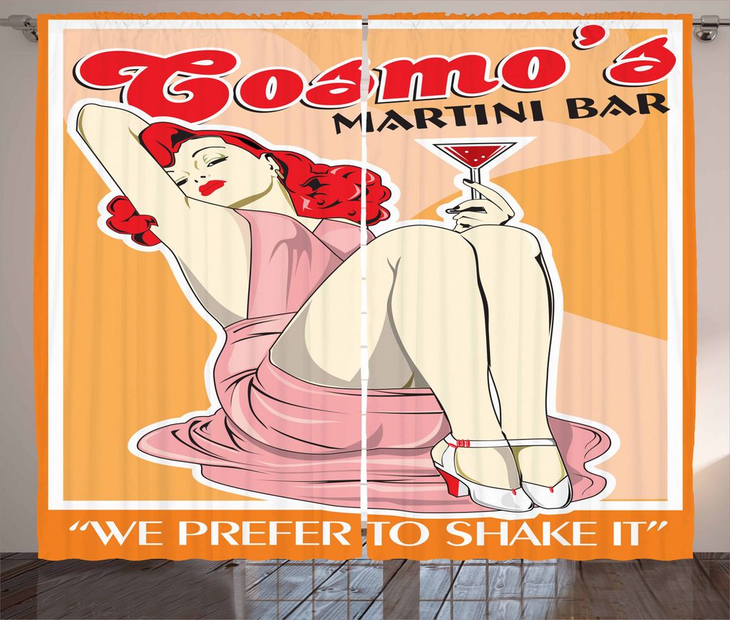 ABAKUHAUS Pin up Girl Rustikaler Gardine, Martini-Cocktail, Schlafzimmer Kräuselband Vorhang mit Schlaufen und Haken, 280 x 225 cm, Hell Orange Sc...