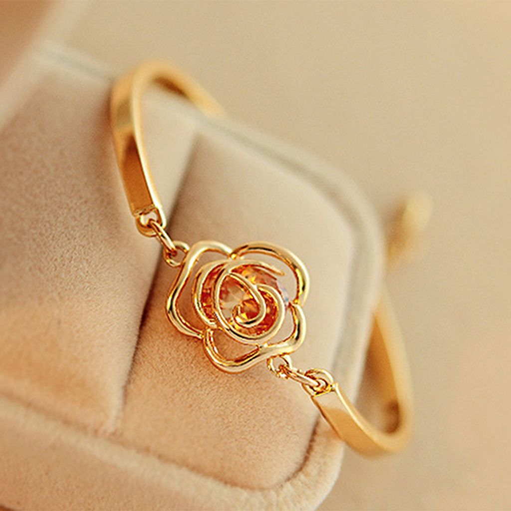 Frauen goldene Blume Kristall Rose Armreif Manschette Kette Armband schickes Schmuckgeschenk