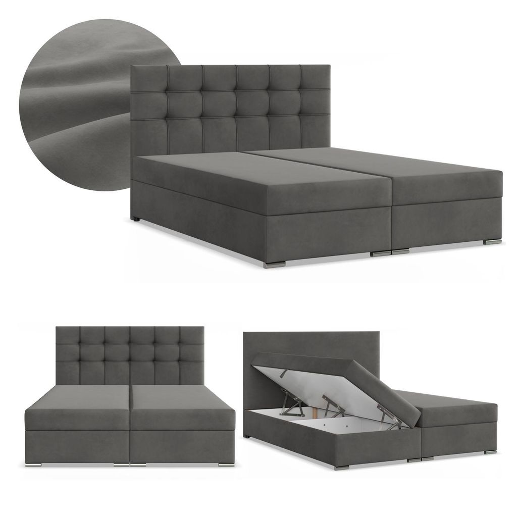 Boxspringbett 140x200 mit 2 Bettkästen, Kontinentales Bett mit Bonell Matratze, Doppelbett mit Kopfteil, Samtstoff Grau, Dunkelgrau ELDA 140 x 200