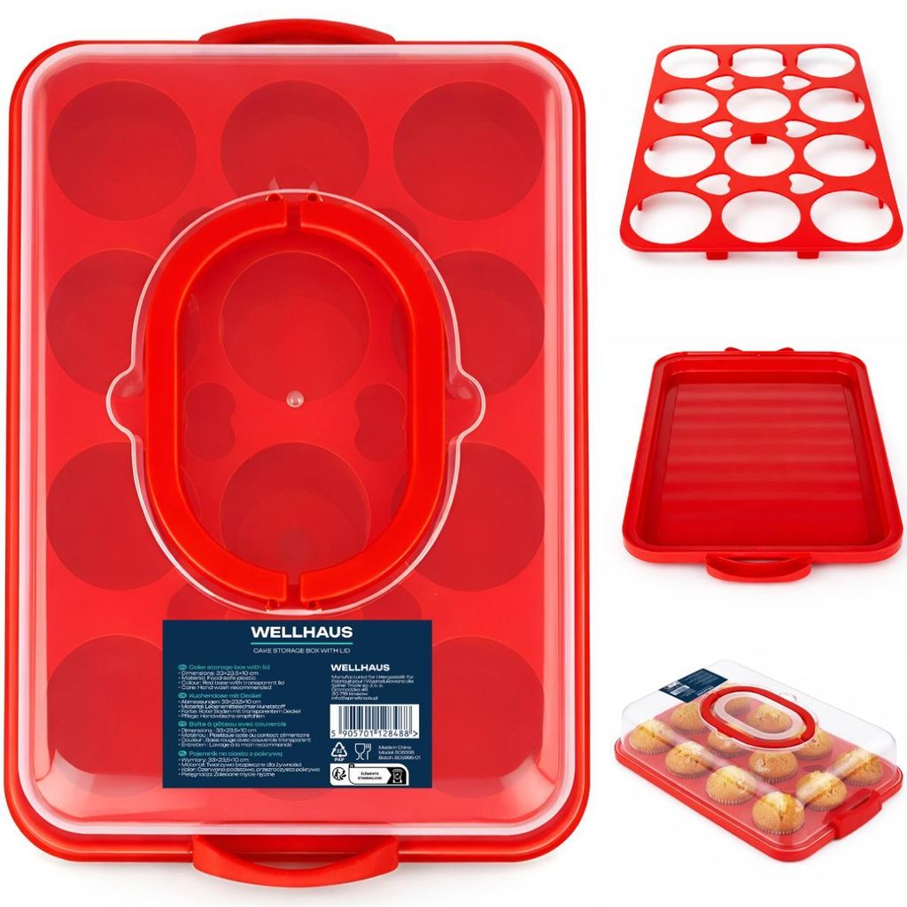 WELLHAUS Kuchenbehälte Rot 31x10cm – Transportbox mit Deckel
