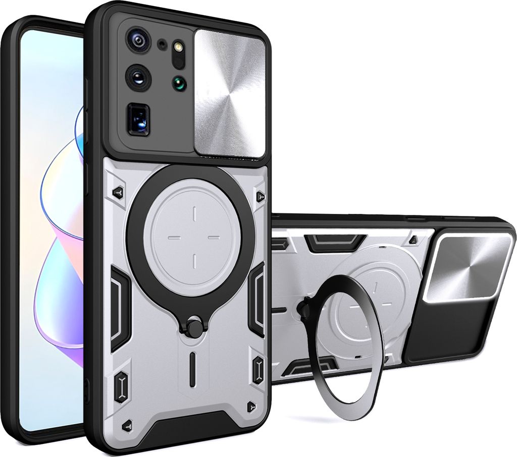 Handyhülle für Samsung Galaxy S20 Ultra Dual-Layer Stoßfest Rüstung Hülle mit Dia Kameraschutz und Kreisförmig Ring Ständer Silber