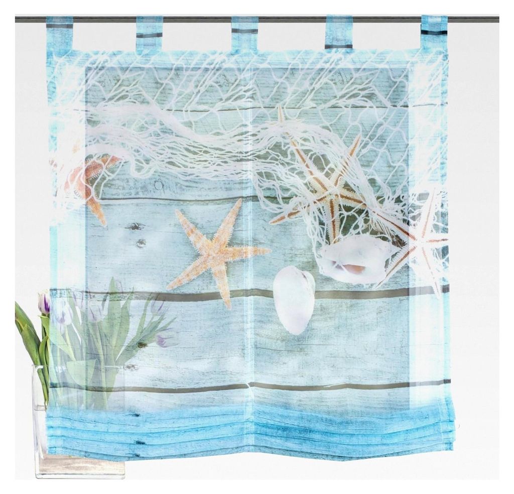 Schlaufenraffrollo Voile Digitaldruck MARITIM, Polyester, Blau, 140 x 80 cm
