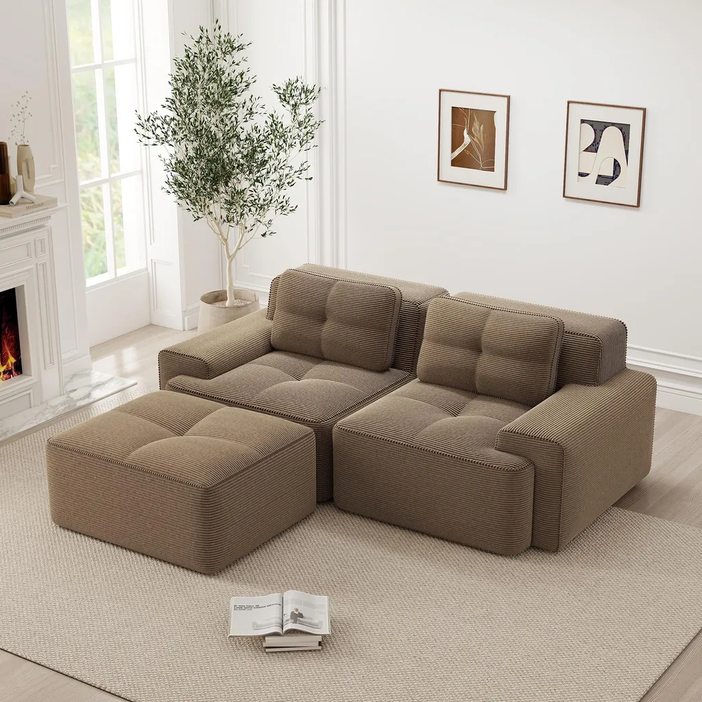 Canapé confortable Corduroy Cloud tufté marron à assise profonde et souple