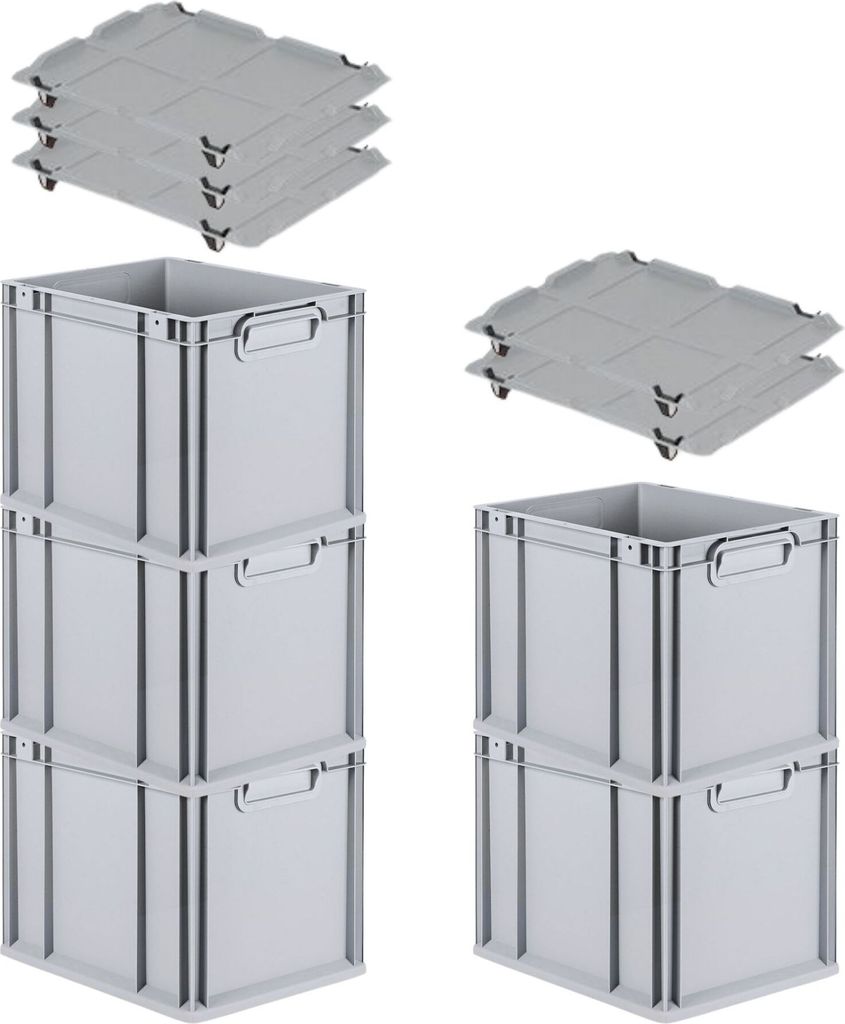 SparSet 5x Eurobox NextGen Economy mit Auflagedeckel und 4x Schiebeschnappverschlüsse Schwarz | Griffe geschlossen | HxBxT 32x30x40cm | 30 Liter |...