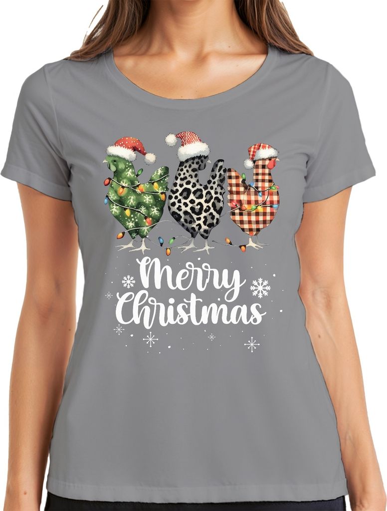 Merry Christmas Hühner Huhn Kariert Karo - Weihnachten Weihnachtsgeschenk Christmas Damen T-Shirt, Grau, XXL