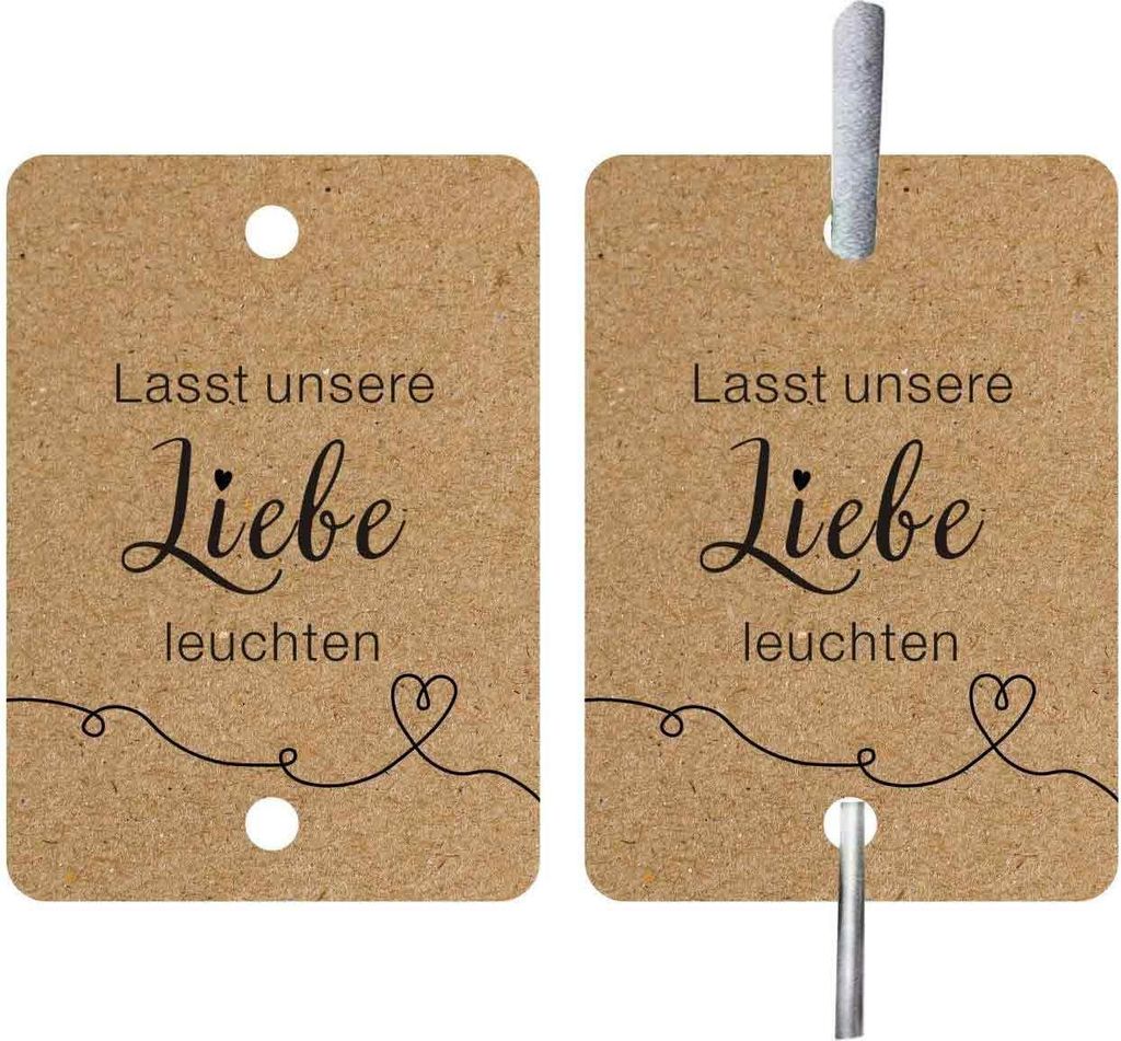 50 Stück Hochzeit Etiketten, Hochzeitsdeko, Lasst unsere Liebe leuchten, Doppelt Gelochte Kärtchen für Wunderkerzen und Knicklichter