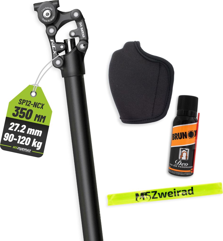 Suntour Parallelogramm Federsattelstütze SP12-NCX 350/27,2 mm 95-120 kg + Brunox Deo und Reflexband