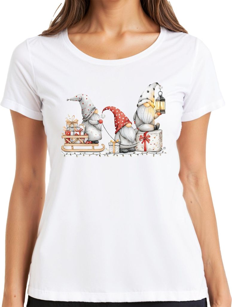 Weihnachtswichtel Schlitten Geschenke Laterne rot grau süß lustig Damen T-Shirt, Weiß, 3XL