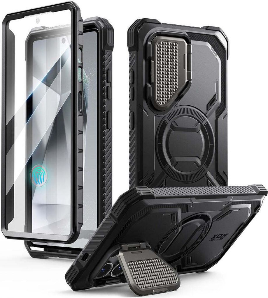 Multiple views of a black smartphone case with a built-in stand and screen protector.