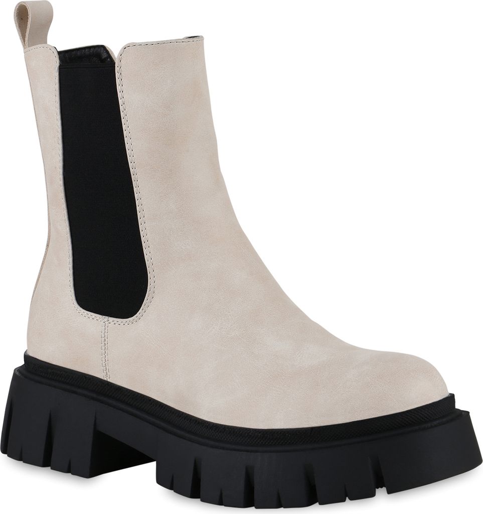 VAN HILL Damen Plateau Boots Stiefeletten Profil-Sohle Stiefel Schuhe 839534, Farbe: Beige Schwarz, Größe: 40