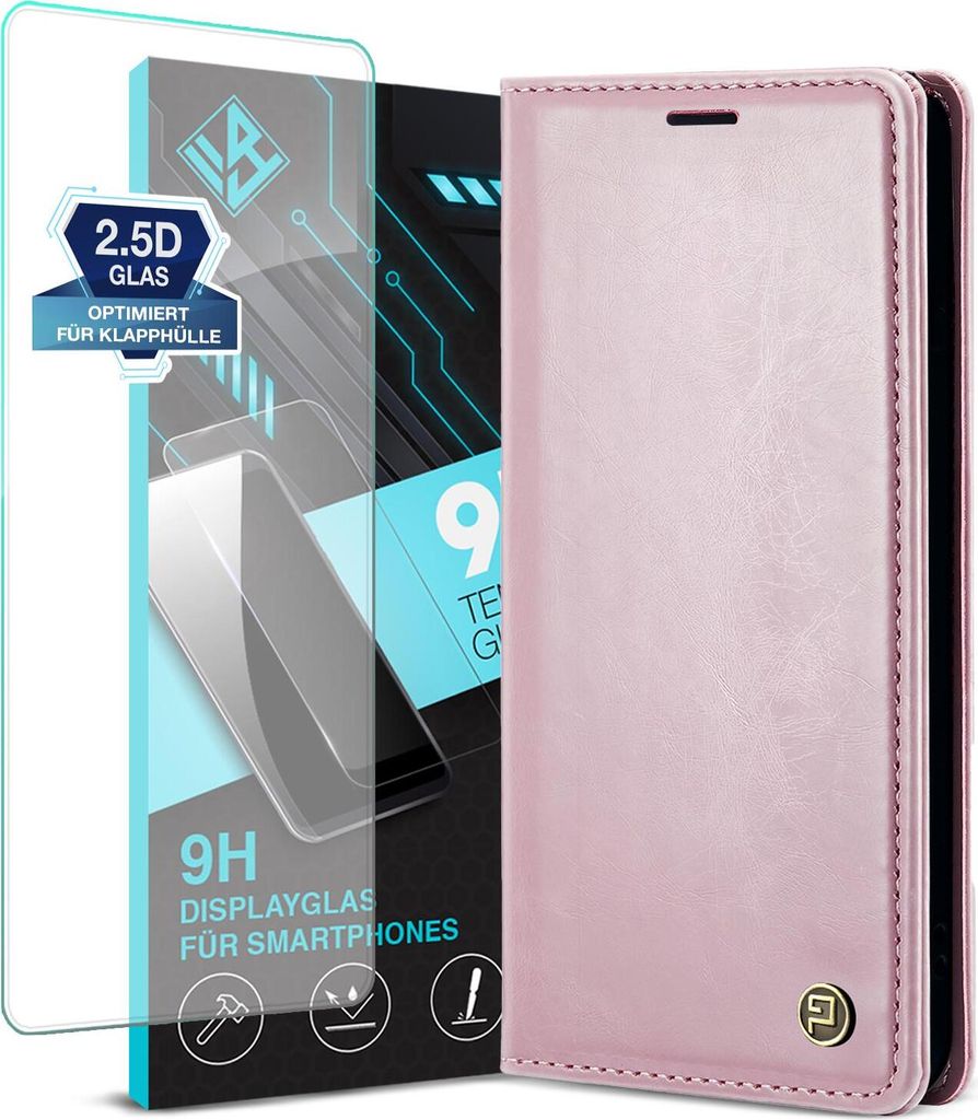 Handyhülle für Samsung Galaxy A33 5G mit 9H Displayglas Kunstleder Flip Vintage Cover Hülle RFID Schutz Case Kartenfach Farbe: Rosa