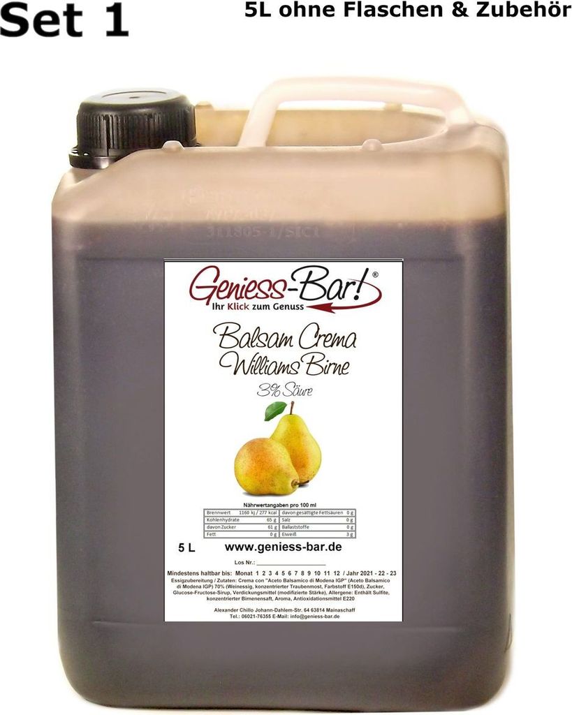 Balsamico Creme Birne 5L 3% Säure mit original Crema di Aceto Balsamico di Modena IGP.